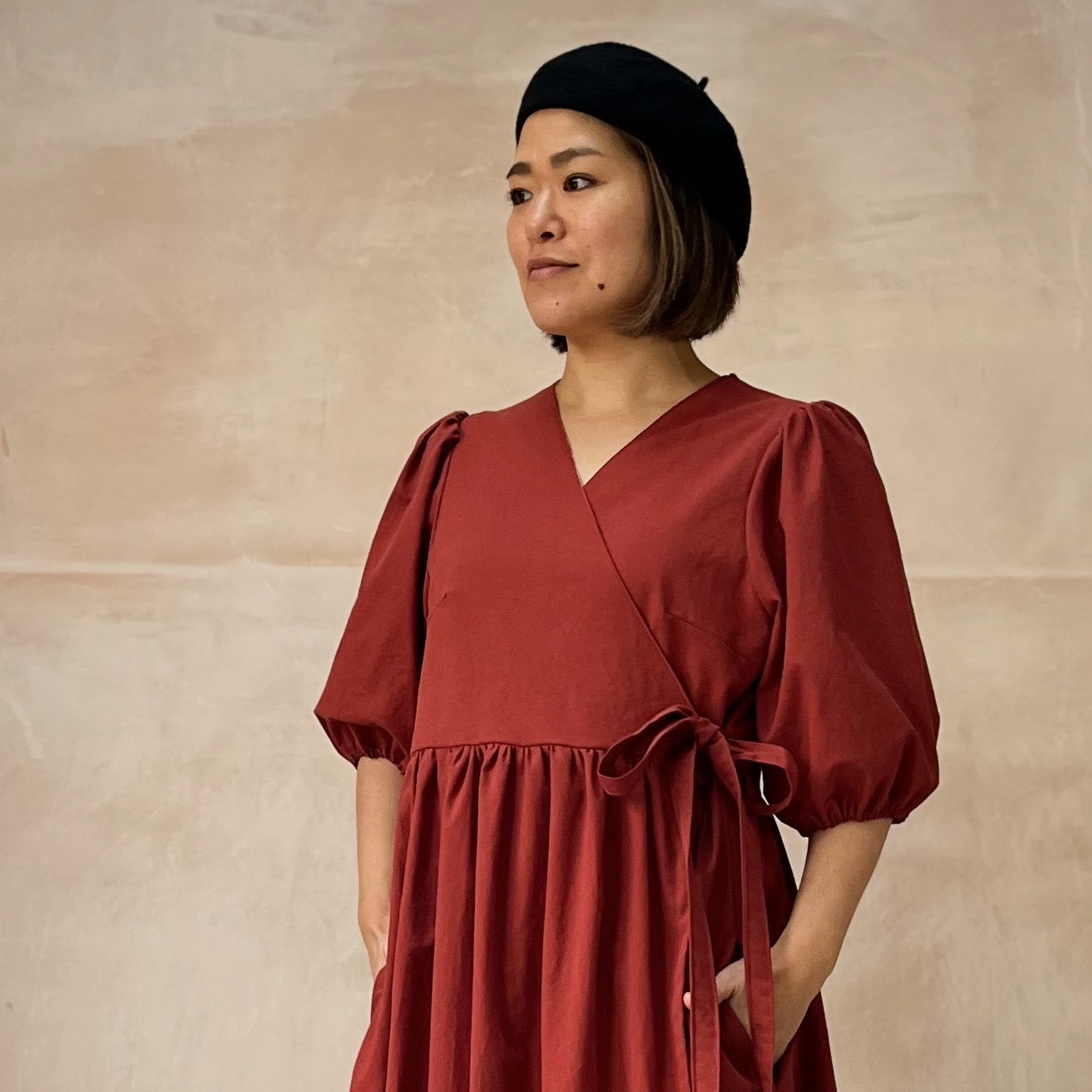 Sample - Red Sandalwood Heather Wrap Midi Dress Size M