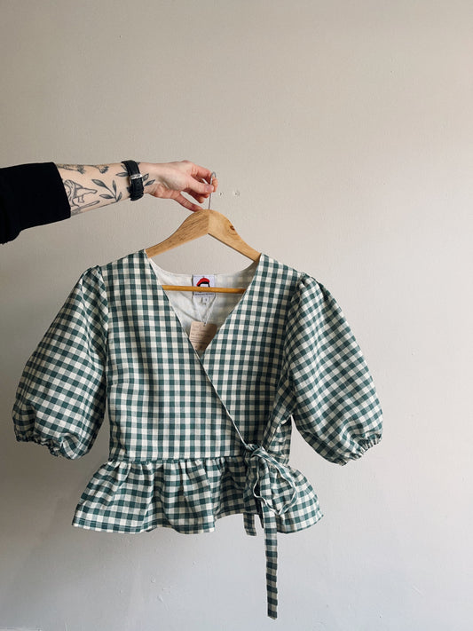 Heather Wrap Blouse in Sustainable Gingham Cotton Size XS + S