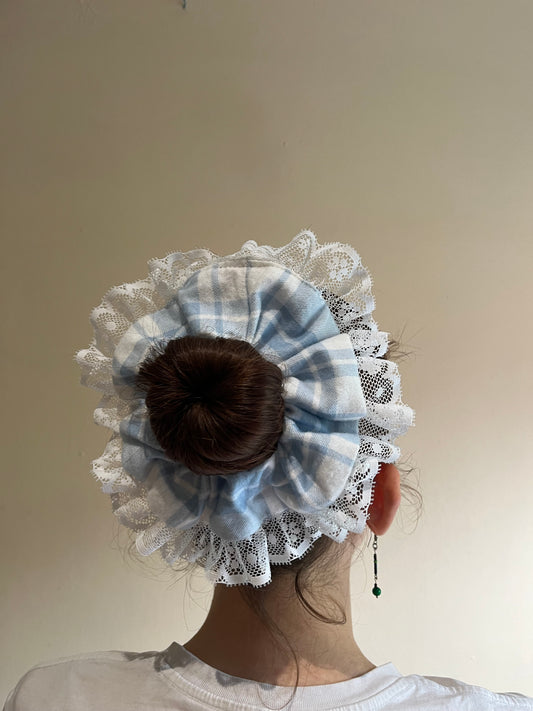 Statement Frilly Scrunchie - Blue Checked Lace