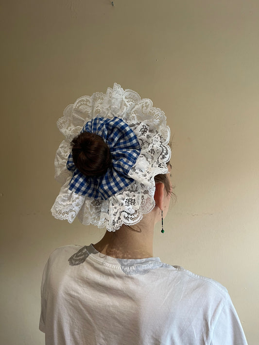 Statement Large Frilly Scrunchie - Blue Gingham Lace