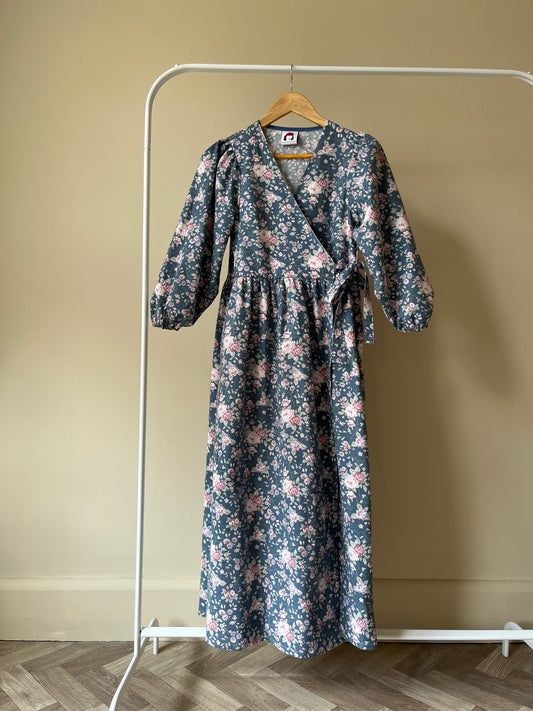 Sale - Handmade Heather Wrap Dress in Blue Pink Floral Size XS