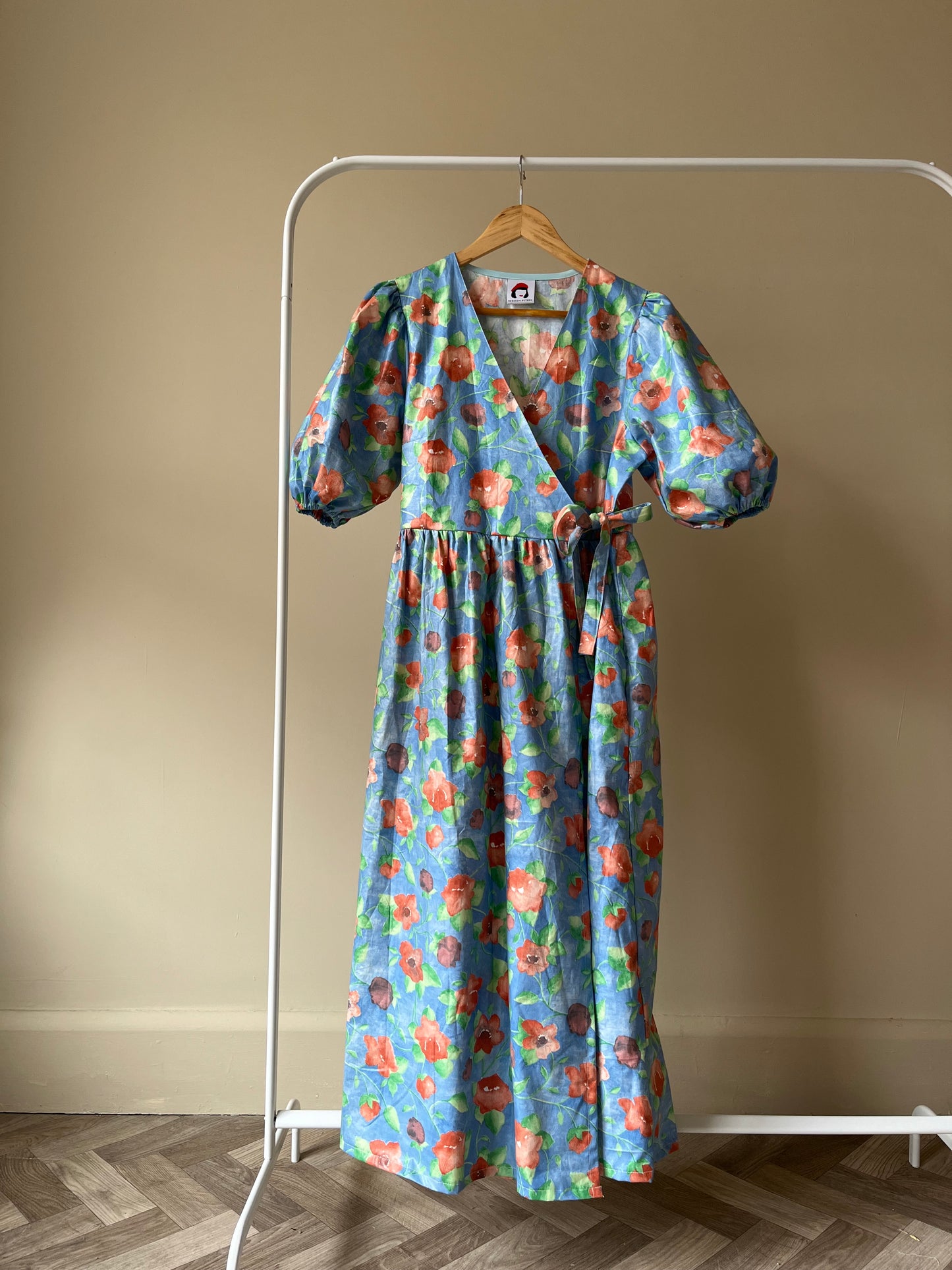 Handmade Heather Wrap Dress in Vintage Red Blue Floral Size M 10-12