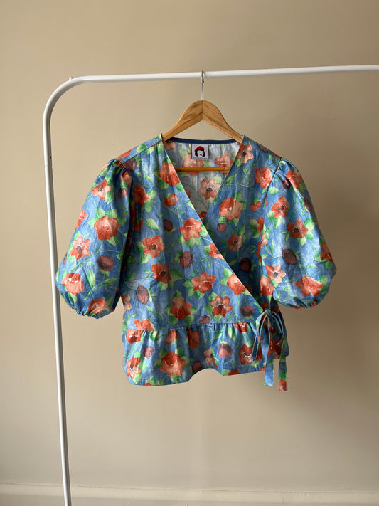 Handmade Heather Wrap Blouse in Vintage Blue Red Floral Size XL 18-20