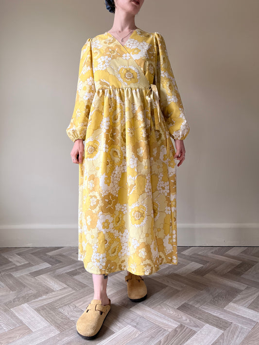 Handmade Heather Wrap Dress in Vintage Yellow Floral Size M 10-12