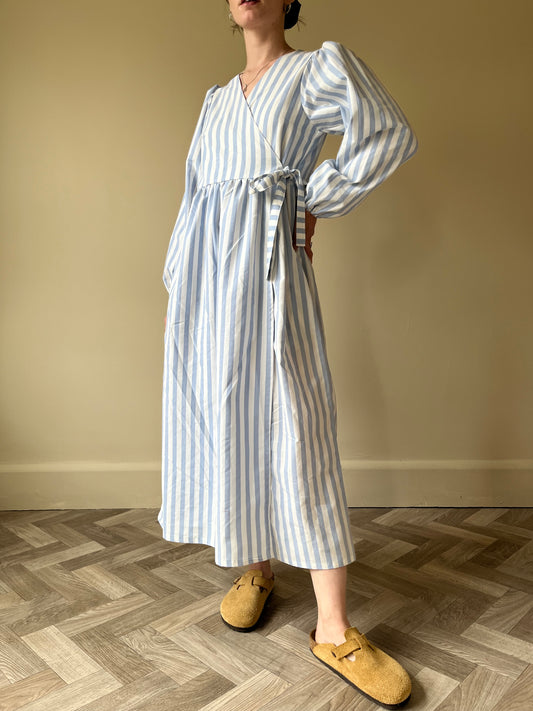 Handmade Heather Wrap Dress in Vintage Pastel Blue Stripe Size S 8