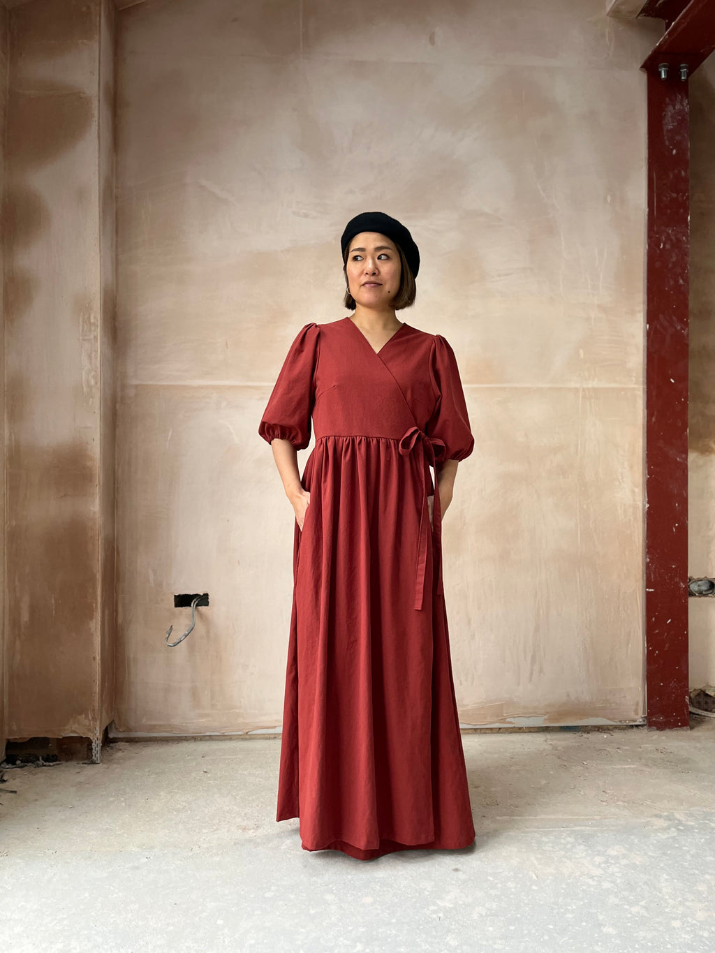 Sample - Red Sandalwood Heather Wrap Midi Dress Size M